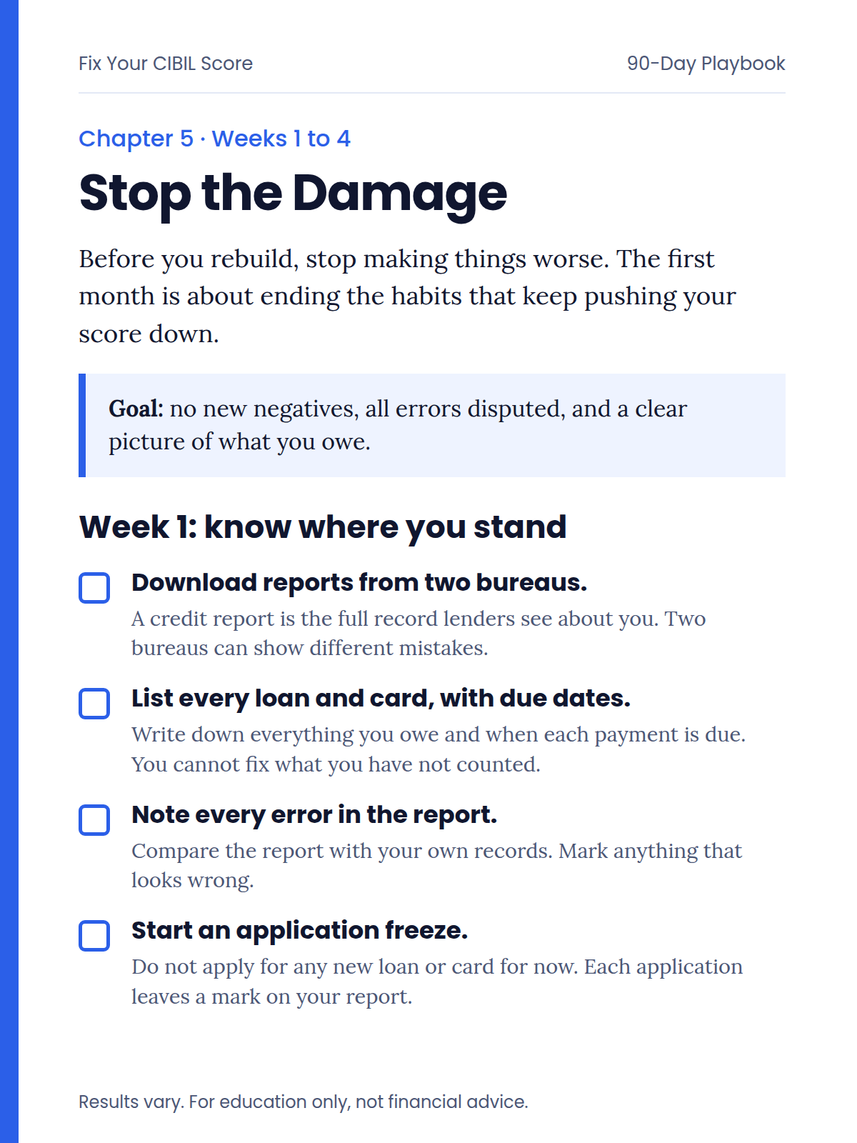 Sample page: Weeks 1 to 4 checklist
